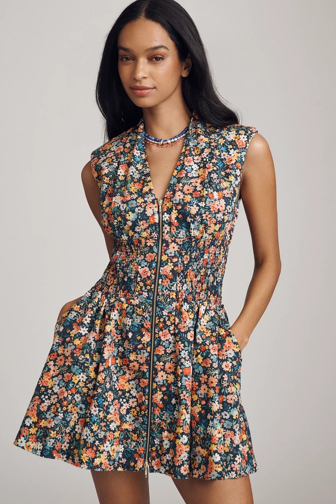 The Tommie Cap-Sleeve Smocked Front-Zip Shirt Dress: Mini Edition