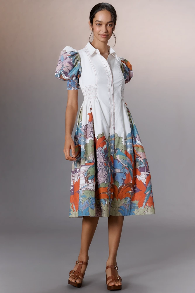 Maeve Puff-Sleeve Smocked Shirt Dress