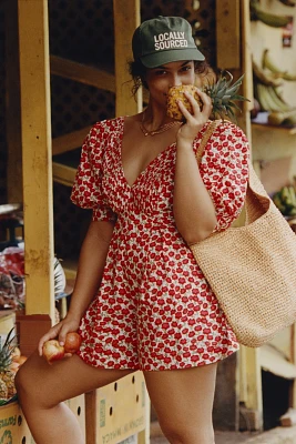 Maeve Puff-Sleeve V-Neck Pintuck Romper