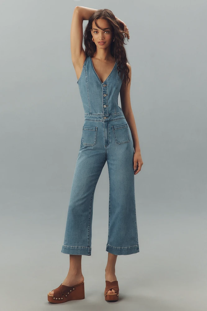 PAIGE Kenny Sleeveless V-Neck Crop Denim Jumpsuit