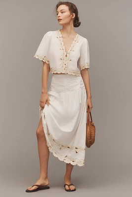 Rails Sol Embroidered Gathered Drop-Waist Midi Skirt