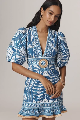 Farm Rio Linen Blend Lace Nature Puff-Sleeve V-Neck Belted Mini Dress