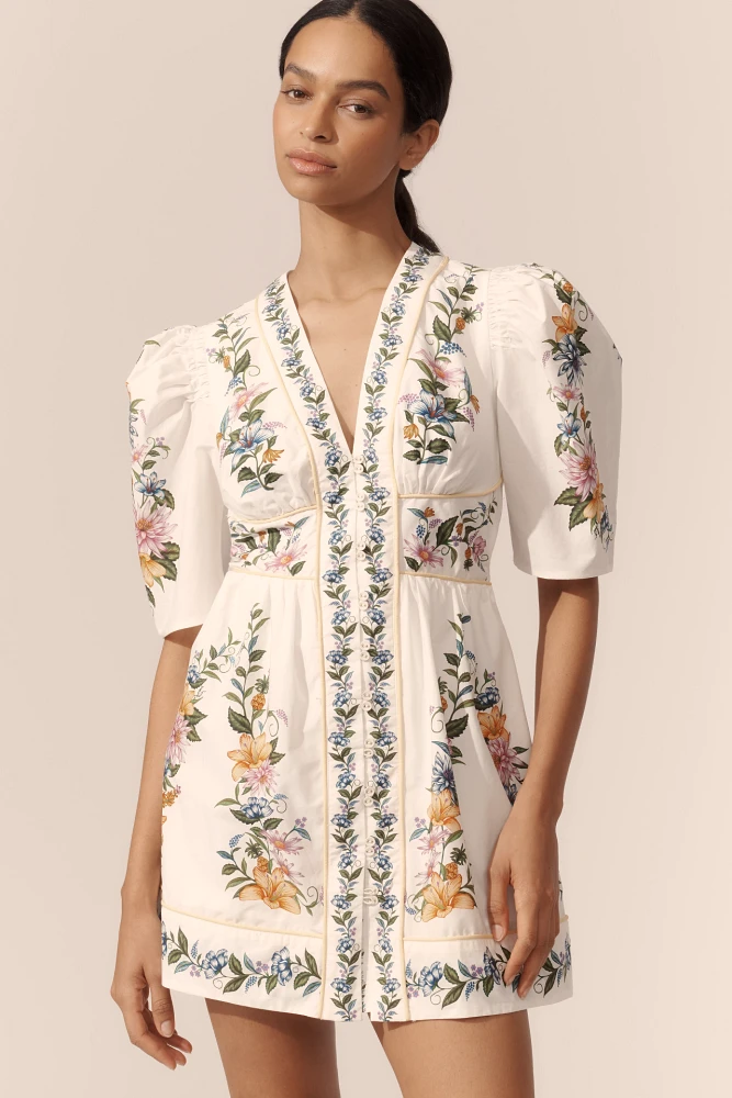 Farm Rio Sweet Bloom Dreamscape Puff-Sleeve Mini Dress