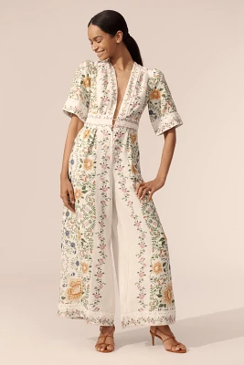 Farm Rio Folk Floral Linen Blend Short-Sleeve Wide-Leg Jumpsuit