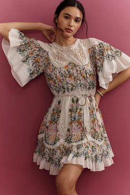 Farm Rio Sweet Bloom Bouquet Short-Sleeve Mini Dress