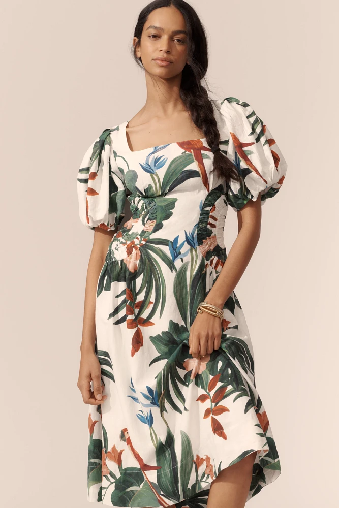 Farm Rio Midnight Macaw Fiesta Linen Blend Puff-Sleeve Midi Dress