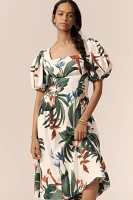 Farm Rio Midnight Macaw Fiesta Linen Blend Puff-Sleeve Midi Dress