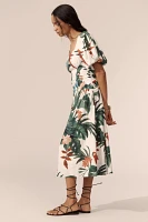 Farm Rio Midnight Macaw Fiesta Linen Blend Puff-Sleeve Midi Dress