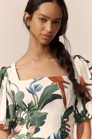 Farm Rio Midnight Macaw Fiesta Linen Blend Puff-Sleeve Midi Dress
