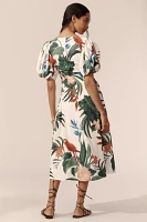 Farm Rio Midnight Macaw Fiesta Linen Blend Puff-Sleeve Midi Dress