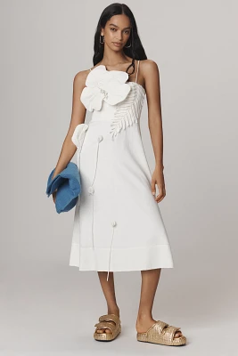 Farm Rio Linen Blend Garden Sleeveless Floral Appliqué Midi Dress