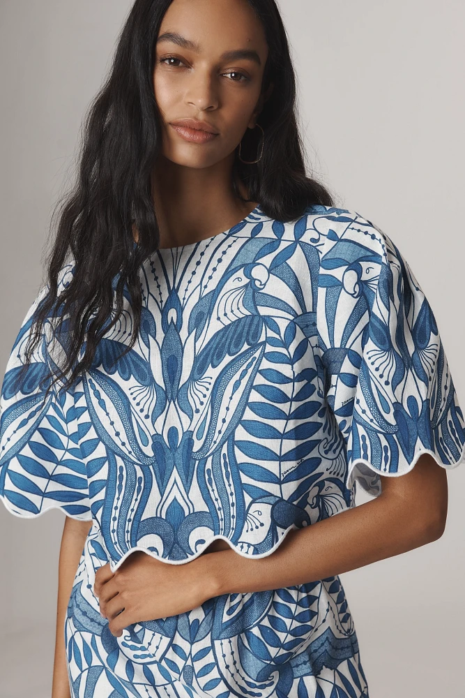 Farm Rio x Anthropologie Linen Lace Nature Short-Sleeve Crop Blouse