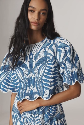 Farm Rio x Anthropologie Linen Lace Nature Short-Sleeve Crop Blouse