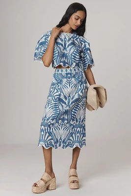 Farm Rio x Anthropologie Linen Lace Nature Slim Midi Skirt