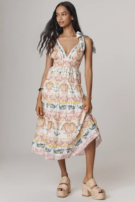 Farm Rio Maritime Magic Tie-Strap V-Neck Midi Dress
