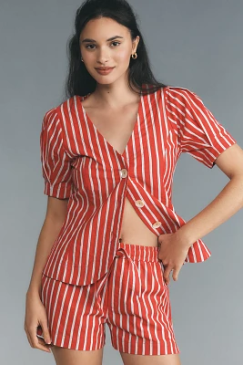 Damson Madder Shell Linen Blend Puff-Sleeve Blouse