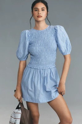 Damson Madder Bluebelle Puff-Sleeve Shirred Mini Dress