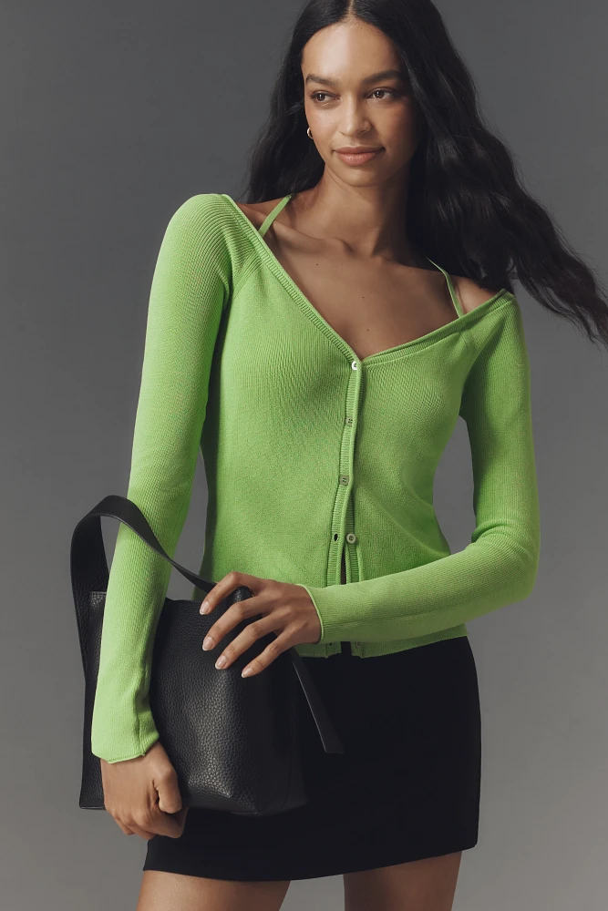 Good American Long-Sleeve Off-The-Shoulder Stretch Rib Knit Top