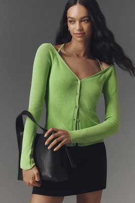 Good American Long-Sleeve Off-The-Shoulder Stretch Rib Knit Top