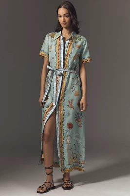 ALÉMAIS Surrealist Summer Short-Sleeve Linen Midi Shirtdress