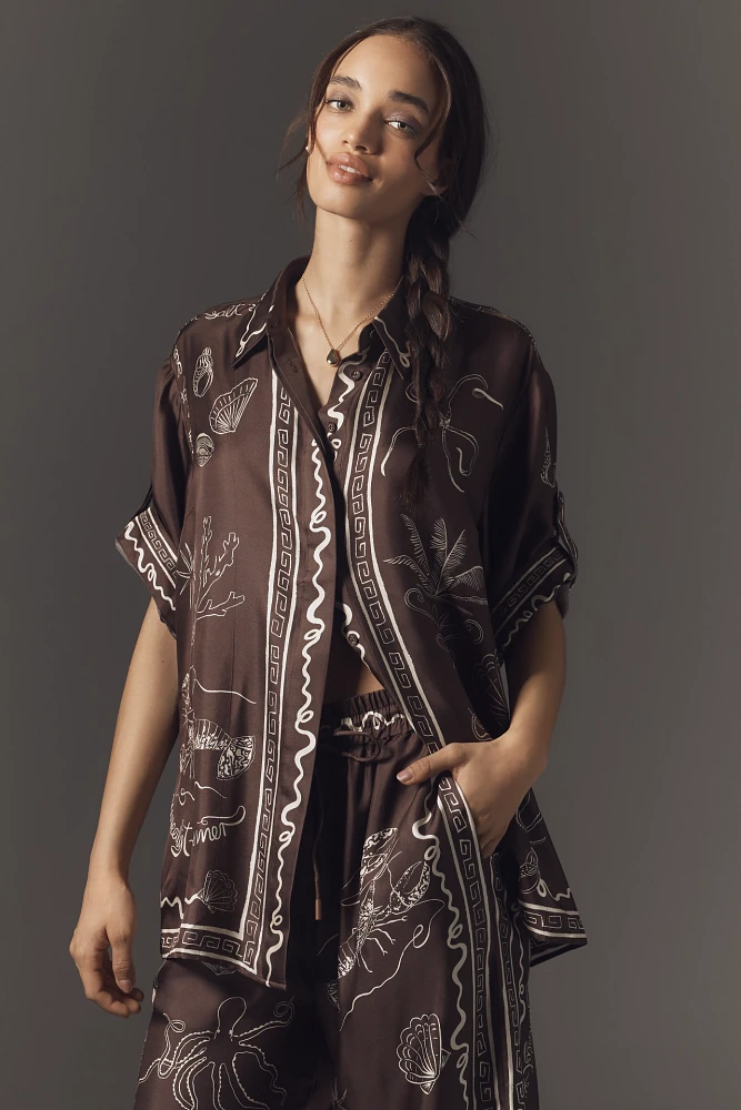 ALÉMAIS Sammy Short-Sleeve Silk Satin Buttondown Blouse