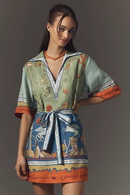 ALÉMAIS Surrealist Summer Short-Sleeve Linen Mini Dress