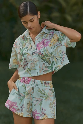 PQ Swim Darcy Short-Sleeve Floral Printed Crop Buttondown Shirt