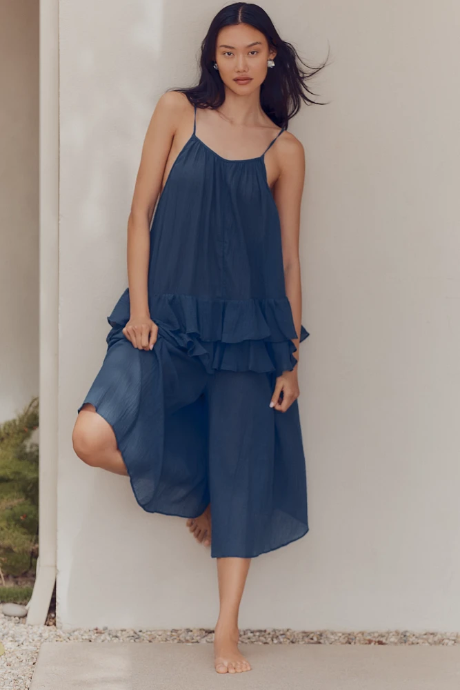 Celandine Tie-Strap Ruffled Gauze Wide-Leg Jumpsuit