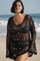 Celandine Long-Sleeve Sheer Sequin Mesh Cover-Up Mini Dress