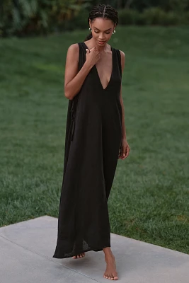 Celandine Plunge-Neck Linen Blend Maxi Dress
