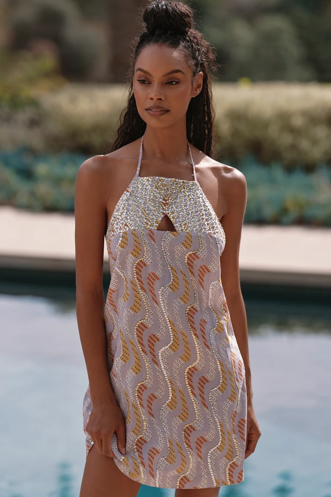 Celandine Linen Blend Halter Sequin Mini Dress