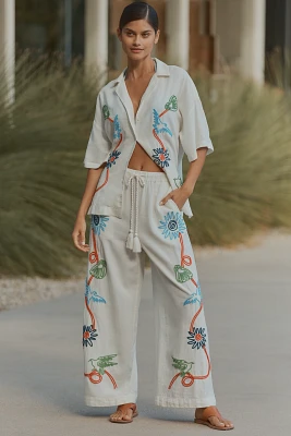 Celandine Embroidered Linen Blend Wide-Leg Pants