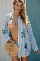 Celandine Linen Blend Embroidered Short-Sleeve Buttondown Shirt