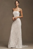 Watters Maeve Strapless Sequin Lace Sheath Wedding Gown