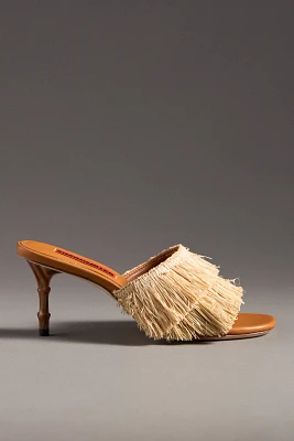 SIMONMILLER Raffia Fringe Playa Bamboo Mule Heels