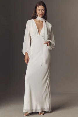 Shona Joy Lira Balloon-Sleeve Plunge V-Neck Maxi Dress
