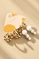 Mixed Metal Pearl Huggie Hoop Earrings, Set of 2