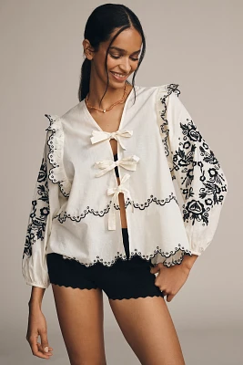 Elizabeth Gillett Long-Sleeve Tie-Front Embroidered Blouse