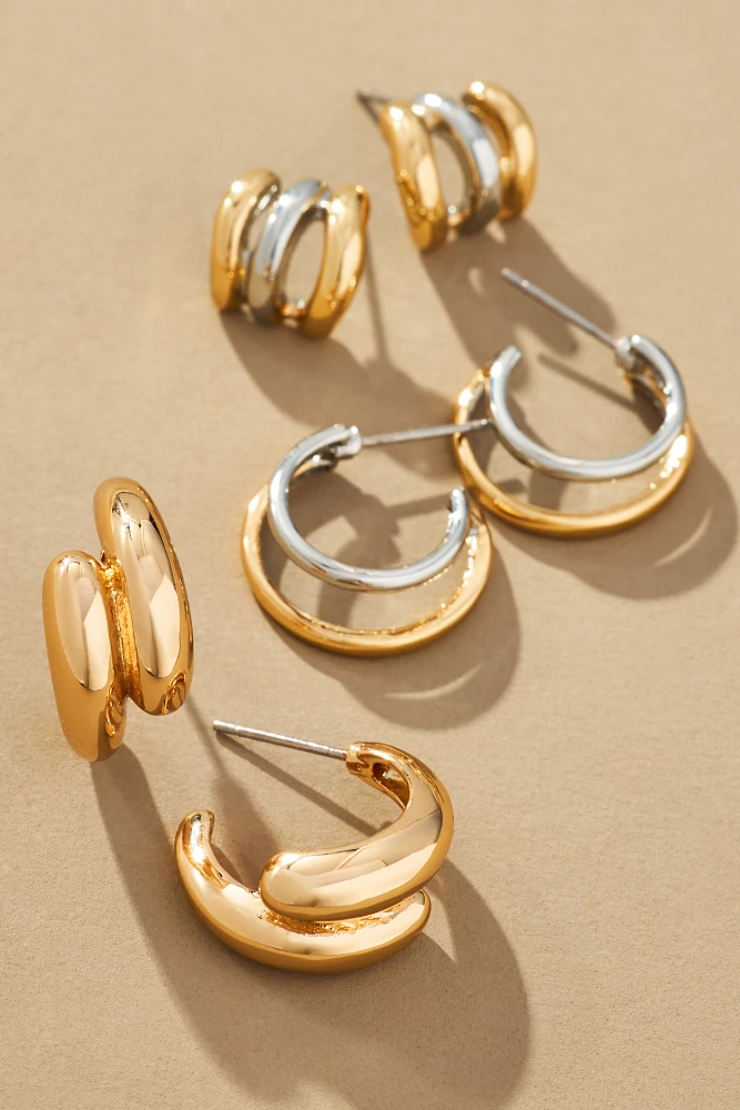 Mixed Metal Huggie Hoop Earrings, Set of 3