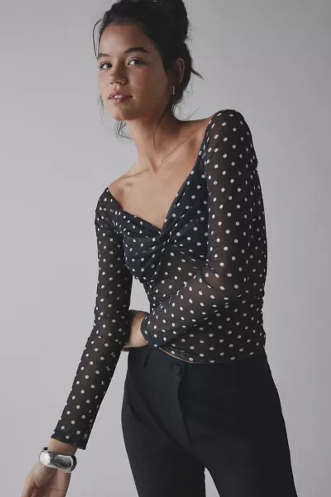 Silence + Noise Aria Polka Dot Mesh Long Sleeve Top