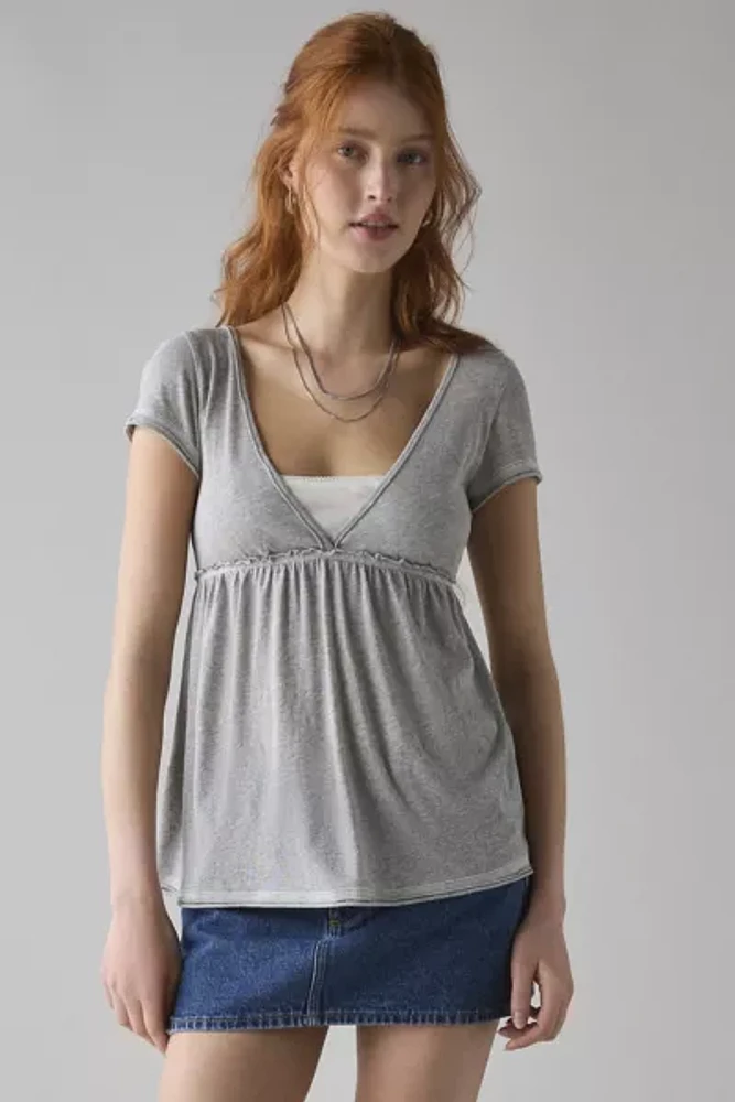 BDG Tina Layered V-Neck Short Sleeve Babydoll Tee