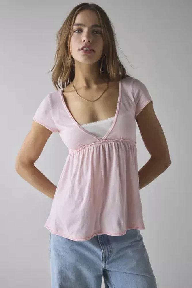 BDG Tina Layered V-Neck Short Sleeve Babydoll Tee