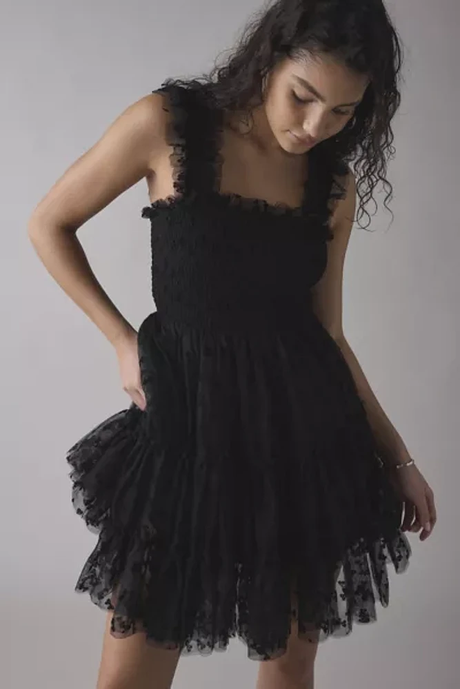 En Saison Casey Flutter Bow Flocked Mesh Mini Dress