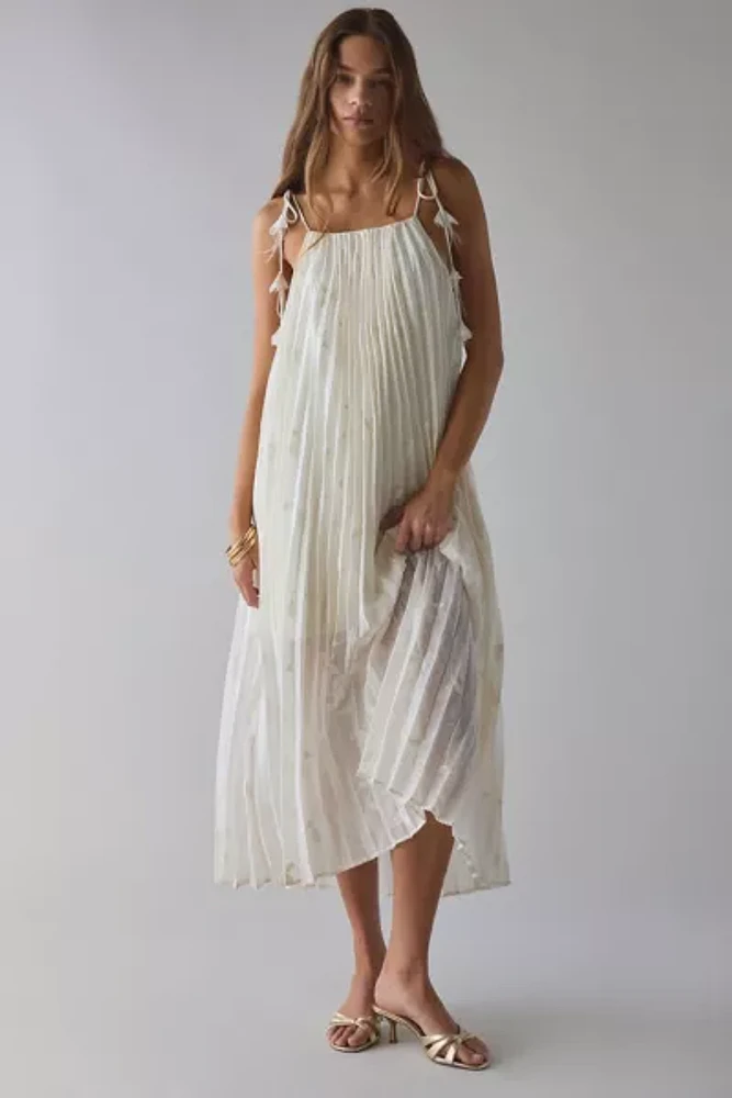 En Saison Sadie Embroidered Pleated Tie-Shoulder Maxi Dress