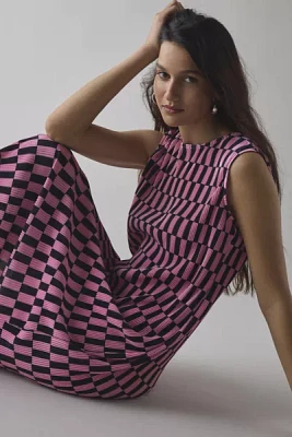 Glamorous Checkerboard Printed Plisse Shift Midi Dress