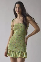 Glamorous Floral Smocked Tie-Strap Ruffle Trim Mini Dress