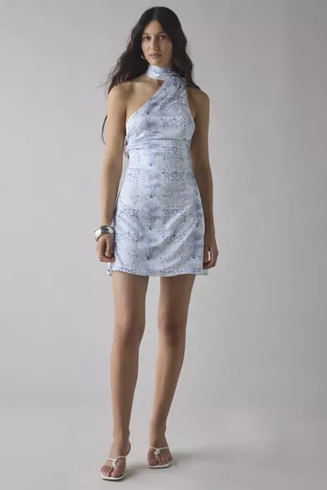 Glamorous Animal Print Satin Asymmetric Halter Sash Mini Dress