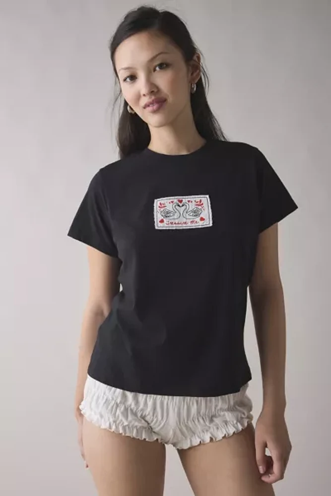 Treasure Me Swan Embroidered Applique Graphic Slim Tee