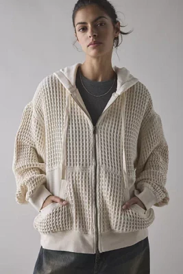BDG Field Day Waffle Knit Zip-Up Hoodie Sweatshirt