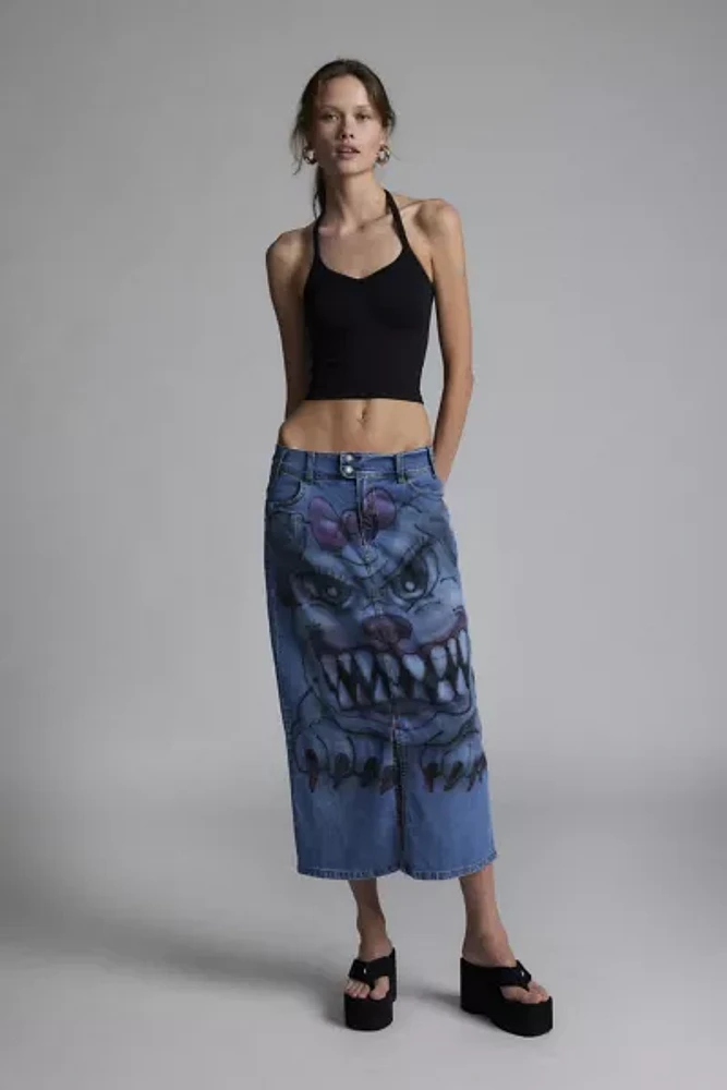 Loyal Pup Custom Airbrush Remade Denim Midi Skirt